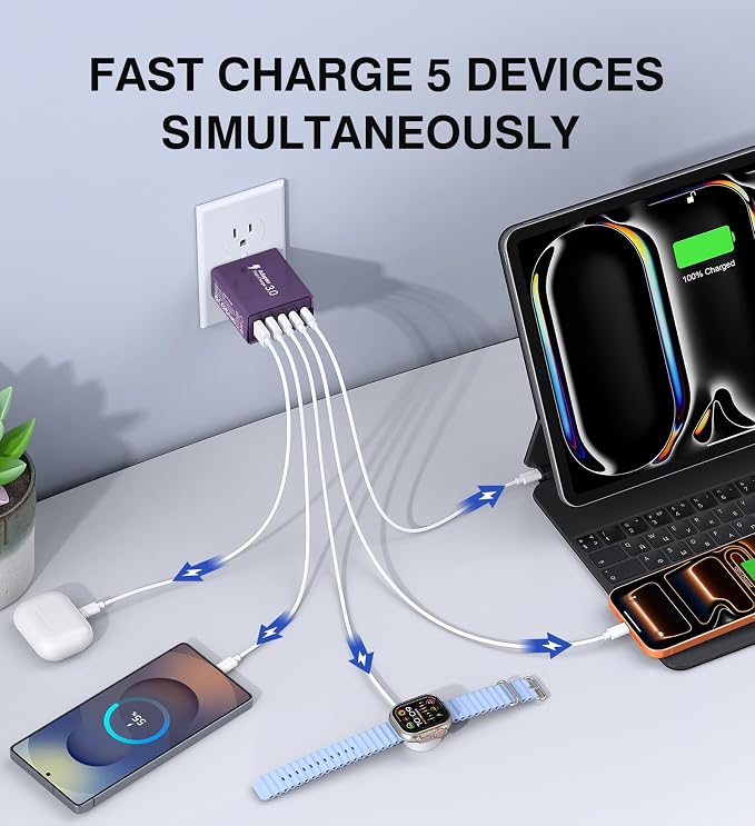 [2Pack] 60W USB C Plug,5-Port Fast Charger Block PD+QC Cube Wall Charging Box Brick for iPhone 17/16/15/14/13 for Samsung Galaxy S25/S24/S23/S22/S21+/S21 Ultra, Magsafe Wireless Charger,(Purple) - Image 3