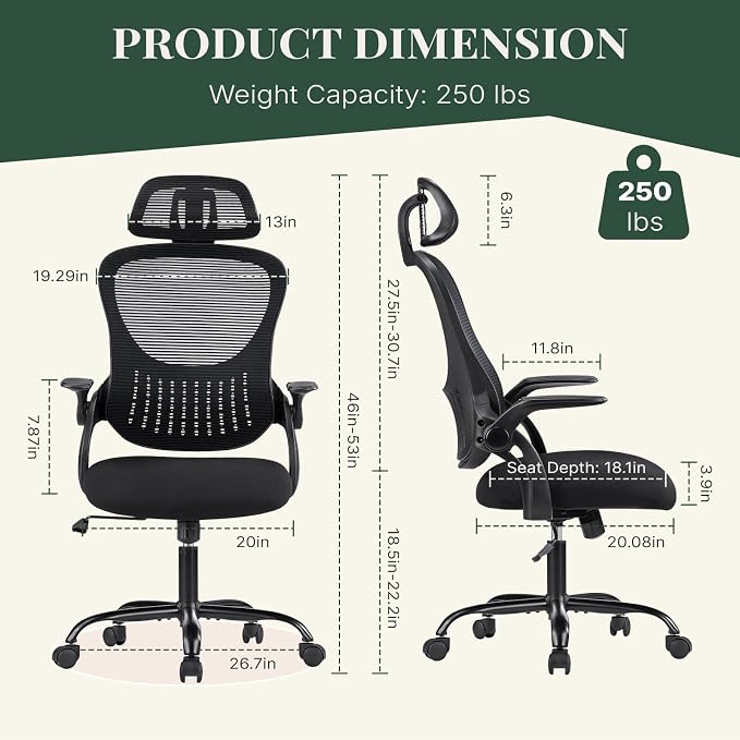 Ergonomic Desk Chair Comfy, Mesh Office Chair, for Home Office | Adjustable Headrests, Flip-up Arms, Breathable Mesh High-Back, Swivel Wheels, for Adults, Black - Image 2