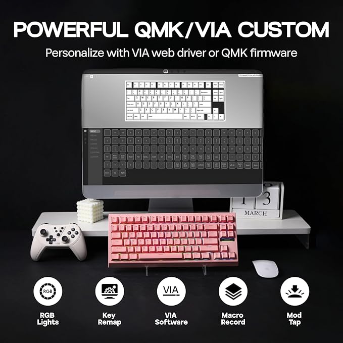 EPOMAKER G84 80% RGB Gaming Mechanical Keyboard with Shine Through Keycaps | 2.4GHz/ Type-C/BT Wireless Keyboard, VIA Programmable, Hot-Swap, Creamy Keyboard for Gamers/Office (Pink, Creamy Jade Switch) - Image 3