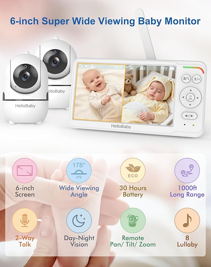 HelloBaby Baby Monitor with 2 Cameras, World First 6" IPS Split Screen, Double Cams No WiFi, 30H Battery, 1000ft Range, 2-Way Audio, Pan-Tilt-Zoom, VOX, Night Vision, 8 Lullabies, Ideal for Twins - Image 3