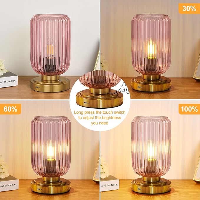 LightRound Cordless Table Lamp for Bedroom, Touch Stepless Dimmable | 7500mAh Rechargeable Battery, Pink Glass Shade, Brushed Gold Base, Bulb Included, Modern Wireless Lamp for Desk, Living Room - Image 3