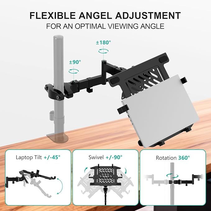 WALI Laptop Pole Mount, Adjustable Laptop Arm Holder Fits 10"-15.6" Laptops, 2-in-1 Full Motion Monitor Mount with Removable Tray, VESA 75x75 or 100x100 mm, Holds up to 15.4lbs(011ARMLPN), Black - Image 6