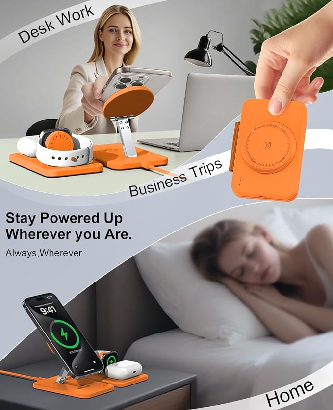 3 in 1 Magnetic Wireless Charger for Apple Multiple Devices, Foldable Fast Charging Station - Magsafe Charger Stand, Travel Charger Pad for iPhone 17 16 15 14 13 12 Series/Apple Watch/AirPods Orange | Magsafe Charger Stand for Multiple Devices, Travel ... - Image 7