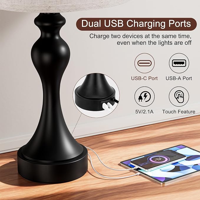 Touch Lamps for Nightstand, 3 Way Dimmable Bedside Lamps with USB C+A Ports | Touch Control, LED Bulb Included, Small Black Table Lamp for Bedroom, Night Stands, End Table, Gift，Corded，Beige Shade - Image 4