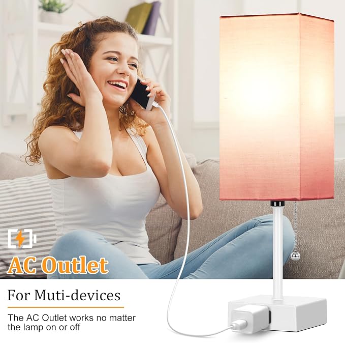 15'' Table Lamp for Bedroom set of 2,3-Color Bedside Lamps with Pull Chain | Table Lamps for Night stands ,Small Night Light Lamps with 2 Bulbs Lamps for Living Room Kids Room Office Decor（Pink+White） - Image 6