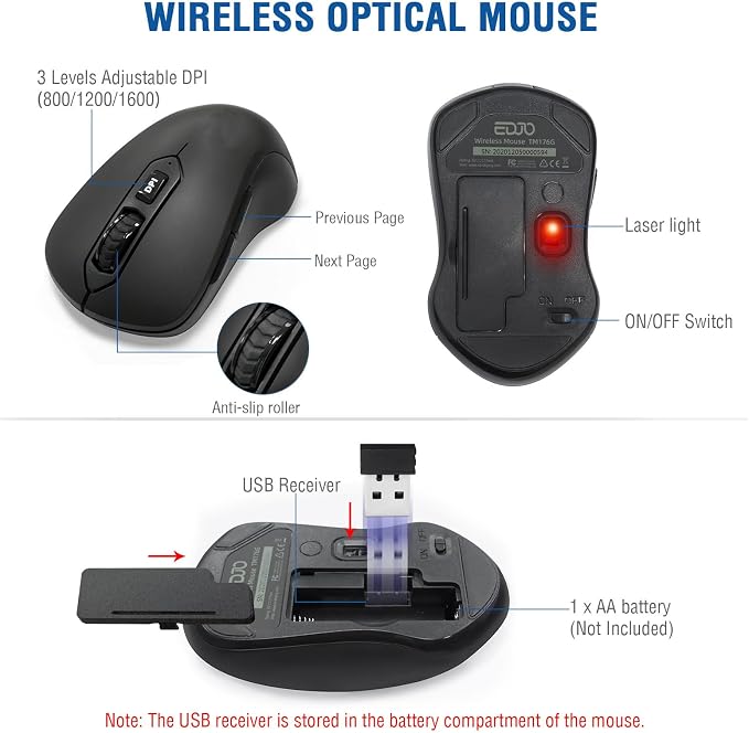Wireless Keyboard and Mouse Combo, EDJO 2.4G Full-Sized Ergonomic Computer Keyboard with Wrist Rest and 3 Level DPI Adjustable Wireless Mouse for Windows, Mac OS Desktop/Laptop/PC(8 Pack) - Image 5