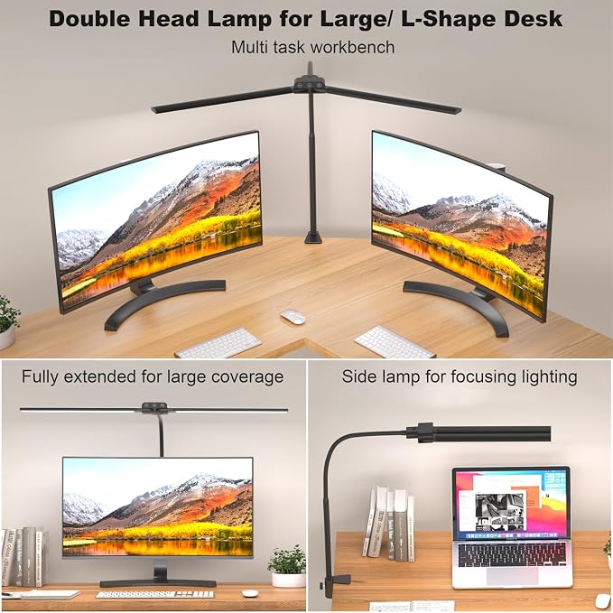 Desk lamp,Double Head LED Desk Lamp with Clamp,Architect Desk Lights for Home Office,Eye-Caring Desktop Office Lamp 4-Brightness 4-Color Table Lamp for Monitor Workbench Study Reading | Eye-Caring Desk Lights for Home Office Monitor Computer Workbench,... - Image 2