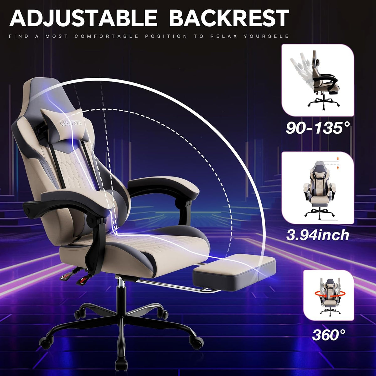 Gaming Chair with Footrest, High Back Gaming Chairs Leather Ergonomic Gamer Chair with Adjustable Headrest Lumbar Support Racing Style Video Gaming Chair for Office/Home (Grey) - Image 4