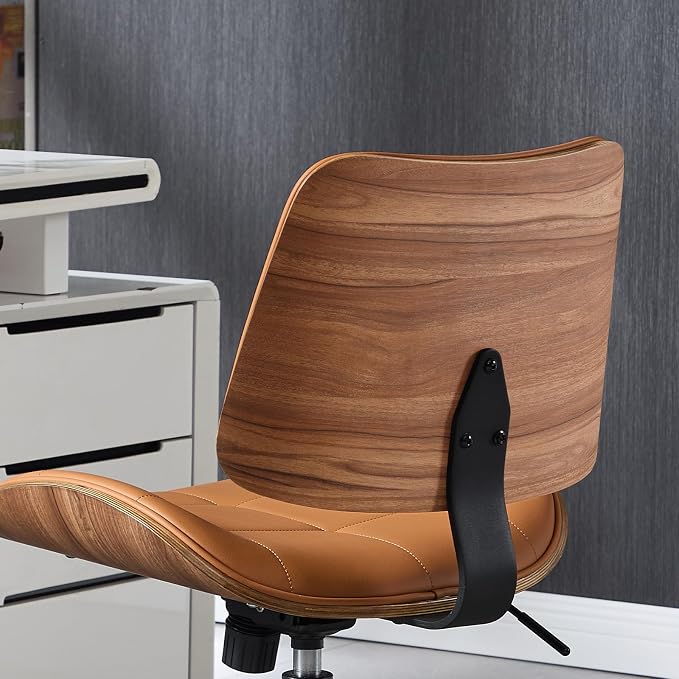 Home Office Desk Chair with Rubber Wheels, Armless Bentwood, Brown | Adjustable Height Armless Office Chair, PU Leather Mid Back 360°Small Computer Chair, No Arms Walnut Seating, 300LBS Support - Image 4
