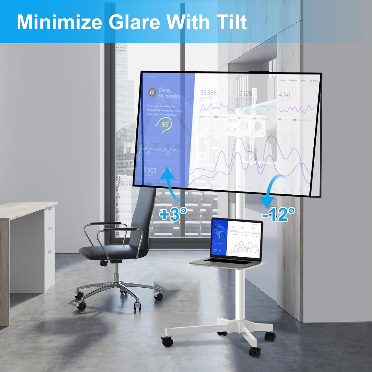 Mobile TV Carts on Wheels for 21-60 Inch Flat/Curved Panel Screens TVs - Height Adjustable Floor Trolley Stand with Shelf Holds up to 77lbs - Max VESA 400x400mm, White - Image 3