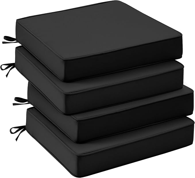 UNIKOME Outdoor Chair Cushions Set of 4, Water Resistant Patio Seat Cushions with Ties for Outdoor Furniture, High-Density Foam, UV & Fade Resistant, Piped Edge – 19" x 19" x 3", Black by UNIKOME