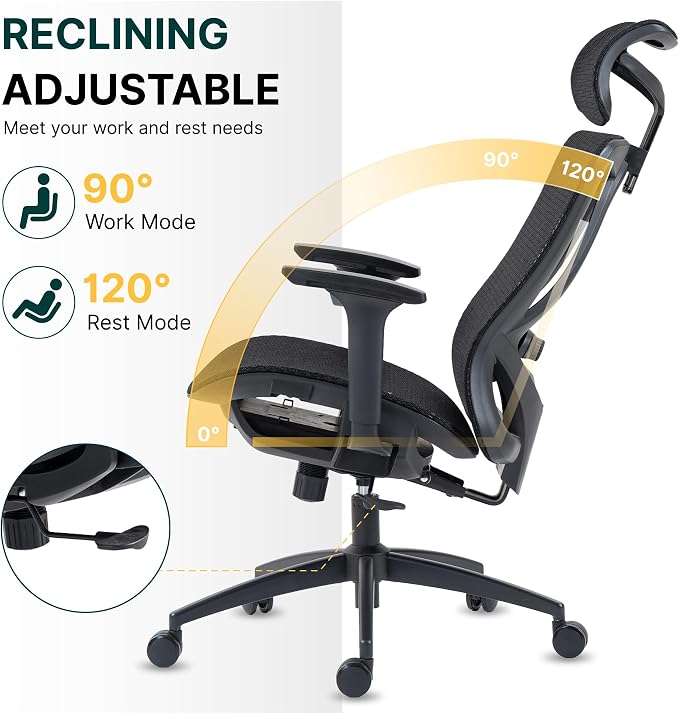 Ergonomic Mesh Office Chair, 3D Adjustable Armrests Desk Chair with 360° Swivel Silent Casters, 90°-120° Reclining Backrest Adjustable Gaming Chair for Home Office - Image 3