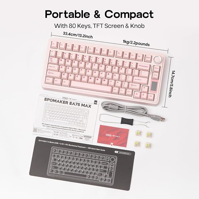 EPOMAKER X Aula EA75 MAX Wireless Gaming Keyboard with Screen & Knob | 5000mAh, Hot-Swap, Lubed Switches, RGB Backlit, Creamy Gasket, 75% Mechanical Keyboard (Pink, Reaper Switch) - Image 8