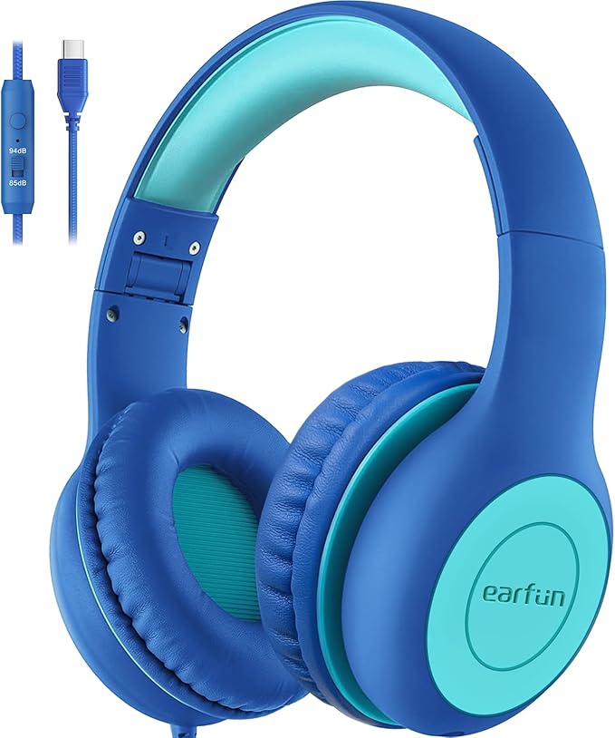 EarFun K1 Kids Headphones Wired with Mic, USB Type C Headphones for Kids | 85/94dB Volume Limit, Portable Wired Headphone with Shareport, Stereo Sound Foldable Headset for School/Toddler/Tablet, Blue by EarFun