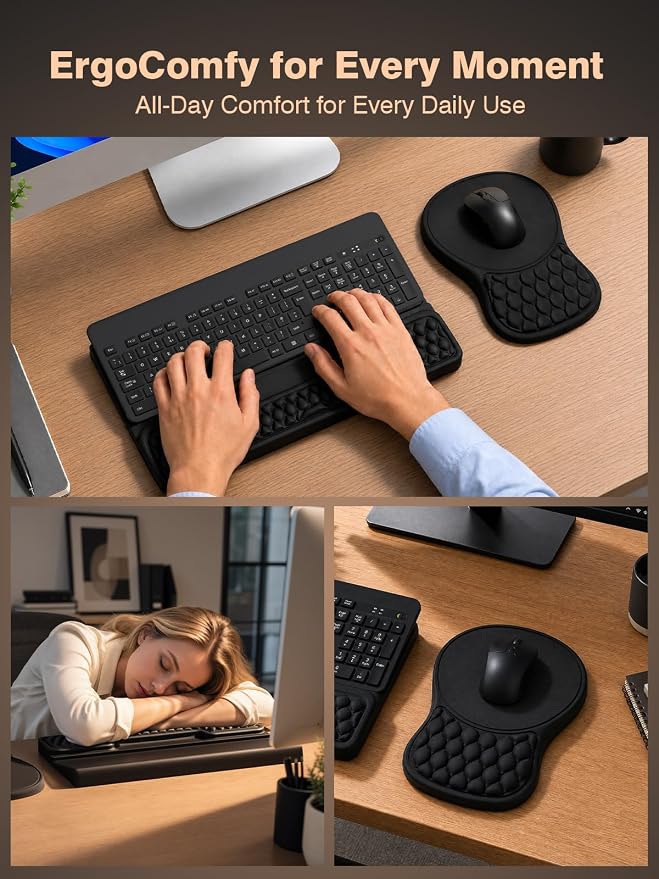 Ergonomic Keyboard and Mouse Pad Combo with Stand/Wrist Rest, Black | Keyboard Riser Mousepad for Desk with Soft Memory Foam, Comfy Massage, Non-slip PU Base,Carpal Tunnel Pain Relief - Image 7