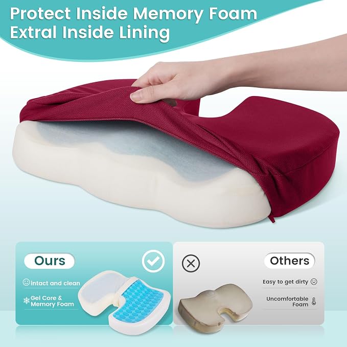 Gel Seat Cushion, Enhanced Memory Foam Cushion for Tailbone Pain, Red | Cooling Gel for Office Chair, U-shaped Design Chair Cushion for Gaming, Car, Wheelchair, Non-Slip Base, Washable Cover - Image 4
