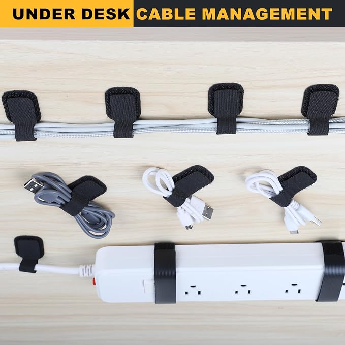 SummerBrite 56-Pack Self Adhesive Cable Straps, Heavy Duty Hook & Loop Ties with Strong Sticky Backing, Reusable Under Desk Cable Management Wire Organizers for Home Office PC, Black - Image 8