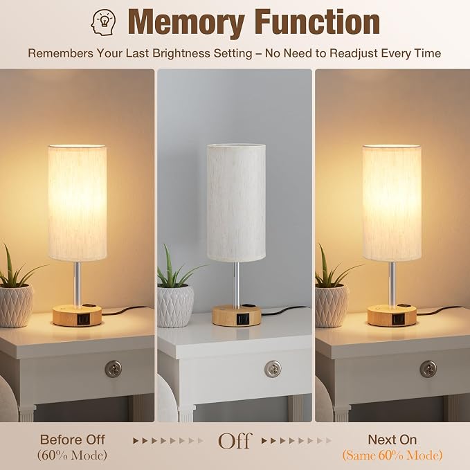 Touch Bedside Table Lamp for Bedroom, Stepless Dimmable, USB A+C, AC Outlet | Base Touch Button Only, Memory Brightness, Ultra-dim Night Light, Included Bulb for Optimal Dimming, Wood Grain Base, Nursery - Image 3
