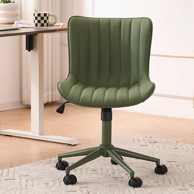 YOUNIKE Office Desk Chair with Wheels Armless Vanity Chair Ergonomic Green | Faux Leather Upholstered with Rocking Back, Swivel Height Adjustable, Modern Small Cute Task Chair For Sewing Drafting by YOUNIKE