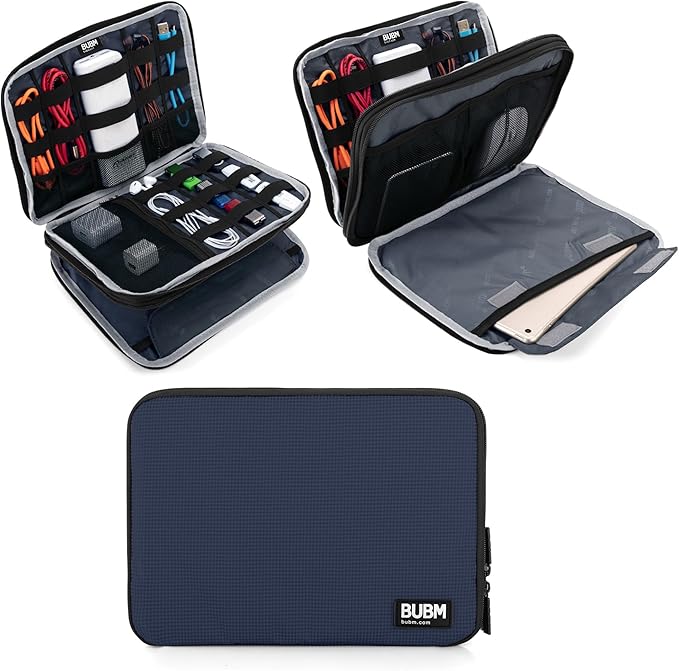BUBM Double Layer Electronics Organizer, Travel Gadget Bag for Cables, Memory Cards, Flash Hard Drive and More, Fit for iPad or Tablet(up To 9.7")--Large, Dark Blue | Travel Gadget Bag For Cables, Memory Cards, Flash Hard Drive and More, Fit For iPad o... by BUBM