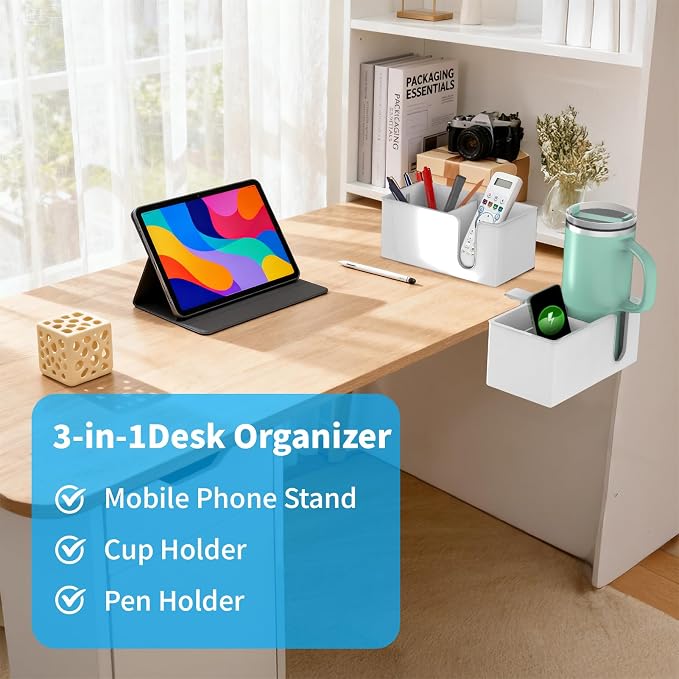 OOKUU 3-in-1 Desk Organizer - Large Desk Cup Holder Clamp, Pencil Holder and Phone Stand - Detachable Anti-Spill Table Cup Holder, Office & PC Gaming Desk Accessories for Cup, Phone and Pen (White) - Image 3