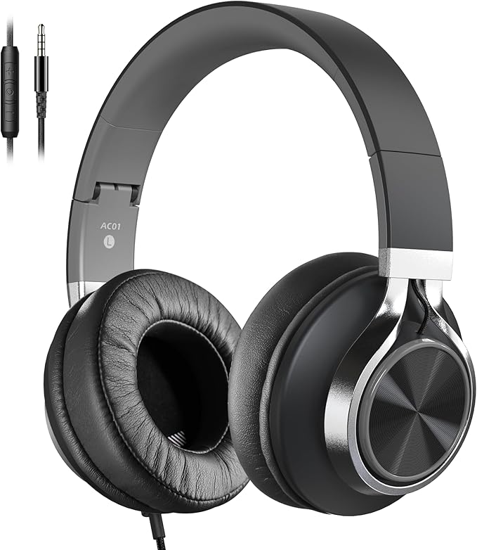 AC01 Headphones Wired Over Ear with Mic Volume Control, Black Grey | Passive Noise Isolating Corded Stereo Headsets for Adults Teens Kids 3.5mm for School, Classroom, Laptop, Chromebook, Travel by COOSII