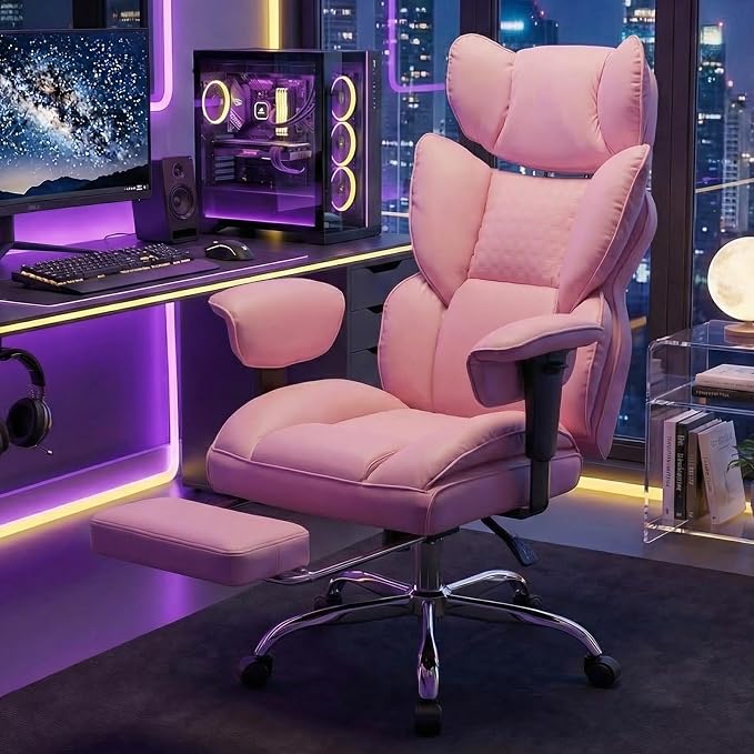 DUMOS Big and Tall Home Office Desk Chair, Executive Chair with Footrest | PU Leather, Ergonomic Comfy Lumbar Support, High Back Reclining, Adjustable Armrests, Pink - Image 10