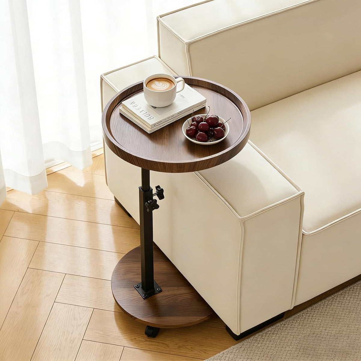 C Table End Table Adjustable Height, Couch Tables That slide under for Small Spaces, 360°Swivel TV Tray Table, C Shaped Side Tables Living Room and Bedroom for Sofa, Bed, Chair, Snack (Walnut Brown) by YYW