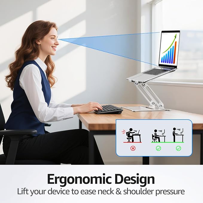 Adjustable Laptop Stand for Desk, 10-15.6“ Laptop Riser, Silver | Sturdy Aluminum Foldable Stand, Heat-Dissipation Design, Ergonomic Holder Fits MacBook/Dell/HP/Lenovo for Home/Office. - Image 3