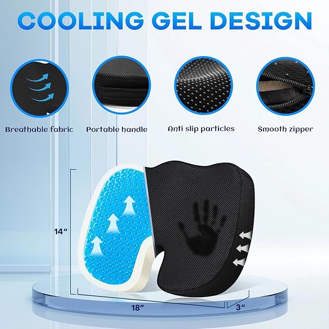 Gel Seat Cushion & Lumbar Support Pillow Set, Cooling Memory Foam for Tailbone & Sciatica Pain Relief, Ergonomic Office Chair Cushion with Breathable Mesh Cover for Car, Home, Wheelchair (Black) - Image 2