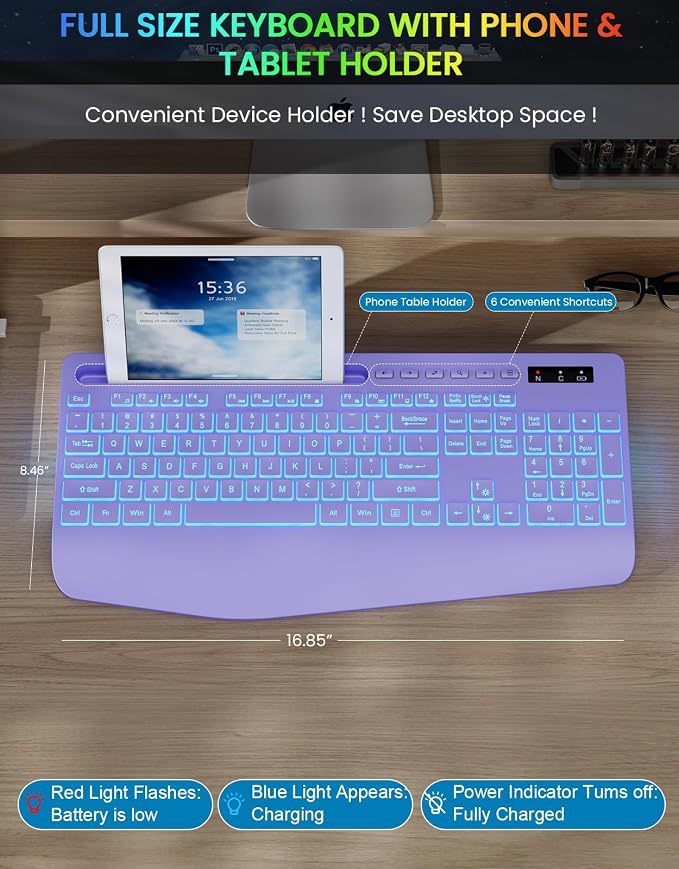 Wireless Keyboard, 7 Colored Backlits, Wrist Rest, Phone Holder-Purple | Rechargeable Ergonomic Computer Keyboard with Silent Keys, Full Size Lighted Keyboard for Windows, Mac, PC, Laptop - Image 7
