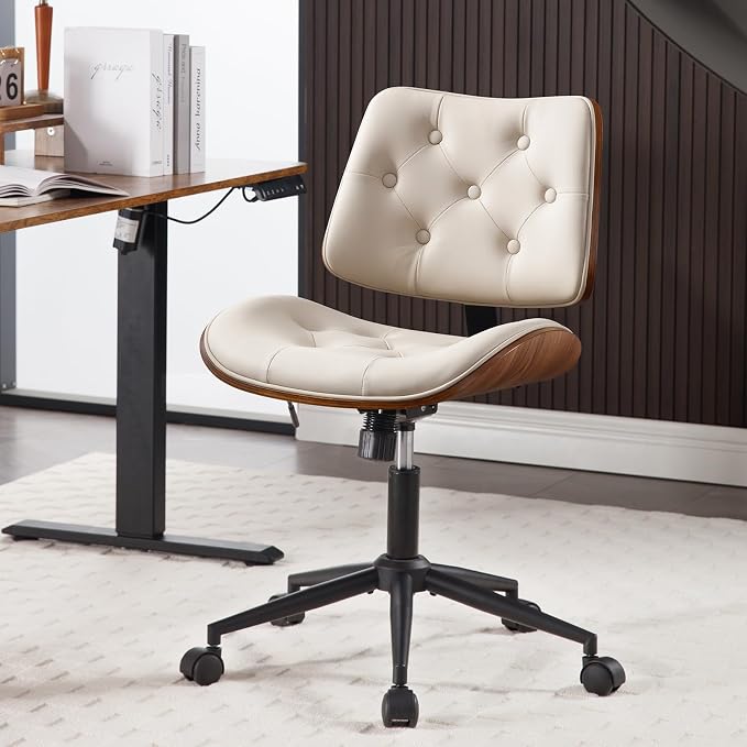 Armless Home Office Chair in Button Style, PU Leather Small, Beige | PU Leather Adjustable Height Computer Desk Chair, 360 Swivel Small No Arms Office Seat, Walnut Design Stool, 300LBS Cap by BERYTH