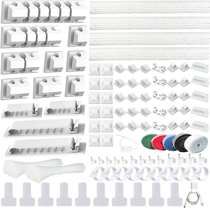 327PCS White Cable Management Kit 4 Cable Cable Sleeves 65 Cable Clips | 13Cord Holders,25Roll Cable Organizer Straps,200 Fastening Cable Ties,20 Cable Zip Tie Mounts for Computer 5 Self Cable Tie by OfficeArtCraftsProducts
