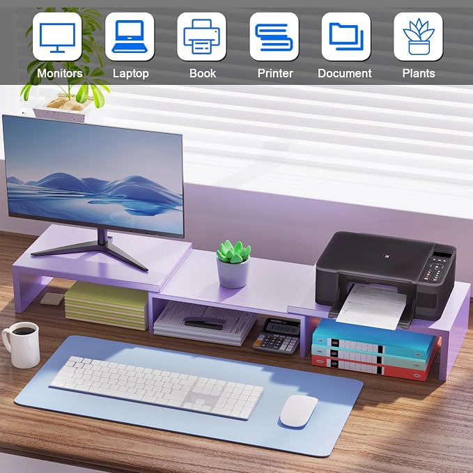 Dual Monitor Stand Riser | Monitor Stand for Desk, Metal Computer Stand, Desk Shelf Riser,Desktop Organizer for Home and Office Use (Purple) - Image 3