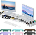 gianotter Dual Monitor Stand Riser With Drawer and 2 Pen Holders | Computer Monitor Stand Desk Organizer and Accessories Desk Shelf for Top of Desk (White) by gianotter