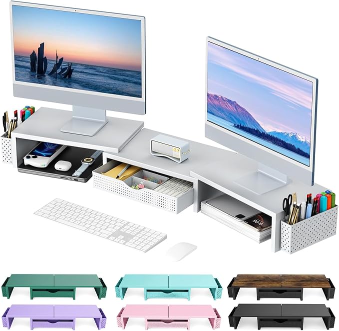 gianotter Dual Monitor Stand Riser With Drawer and 2 Pen Holders | Computer Monitor Stand Desk Organizer and Accessories Desk Shelf for Top of Desk (White) by gianotter