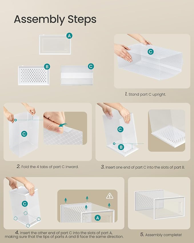 SONGMICS Shoe Boxes, Clear Plastic Sneaker Box, Pack of 15 | Stackable Shoe Storage Organizers, for Closet, 13.1 x 9.1 x 5.6 Inches, Transparent and White, DENNYS Collection ULSP015W02 - Image 7