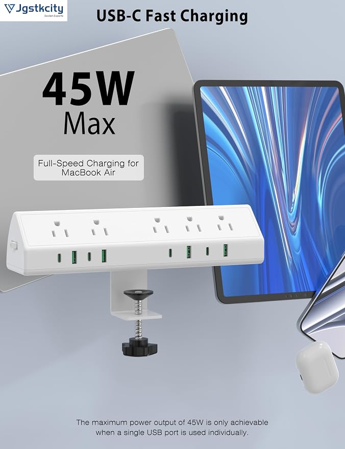 Jgstkcity Desk Clamp Power Strip USB C 45W,1200J Surge Protector | 4 USB-C,Edge Mount,1875W Extension Cord,15A Switch,ETL Listed,Office,Gaming,Dorm - Image 3