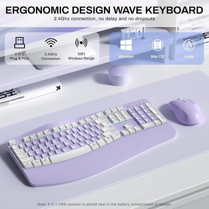 Wireless Keyboard and Mouse Combo,2.4G Ergonomic Wave Keys(Purple-A) | Full Size Cordless Keyboard with Wrist Rest,3-Level DPI Ergonomic Mouse for Office and Home,Windows/Mac OS/Desktop/Laptop/PC - Image 3
