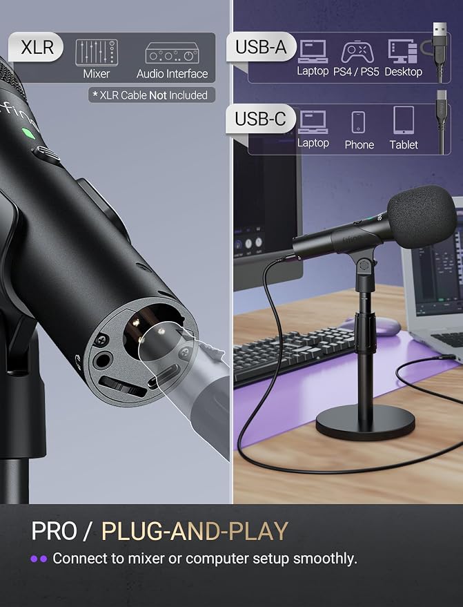 FIFINE AmpliTank TANK2 USB/XLR Dynamic Microphone for Podcast Recording | Studio Desktop Mic with Mute Button, Height-Adjustable Stand, Windscreen for Vocal, Streaming, Voice Over, Black - Image 3