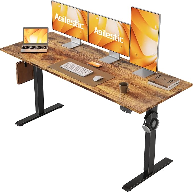 Agilestic 60*24 Inch Height Adjustable Electric Standing Desk, Rustic Brown | Sit Stand Up Computer Desk, Memory Presets, Stable Steel Frame,154 lbs, Easy Assembly, Splice Board, Home Office, Studying by Agilestic