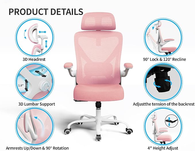 Ergonomic Office Chair: Mesh Desk Chair Comfy with Headrest& Lumbar Support | Ergalithic Big and Tall Office Chairs with Wheels & Flip-Up Arms-Computer Gaming Chairs for Adults Home Office Chairs(Pink) - Image 9