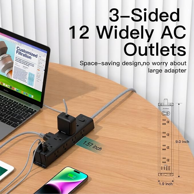 15FT Extension Cord, Power Strip Surge Protector with 12 AC Outlets & 4 USB | Flat Plug, Wall Mount, 1050J Surge Protector, Outlet Extender for Home Office Dorm Room Gaming Desk Setup, ETL Listed - Image 7