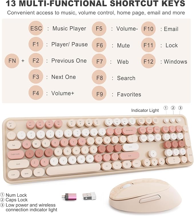Wireless Keyboard and Mouse, Full-Size Typewriter Keyboard with Retro Round Keycaps, Ergonomic Design, Compatible with Windows PCs, Ideal for Home and Office. (Milk Tea) - Image 4