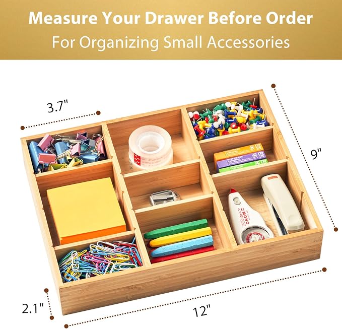 Bamboo Desk Drawer Organizer, Wood Junk Organizer Tray with Adjustable Dividers, Anti-Skip Storage Organization in Office Bathroom Drawer for Vanity, Makeup, 12" x 9" - Image 3