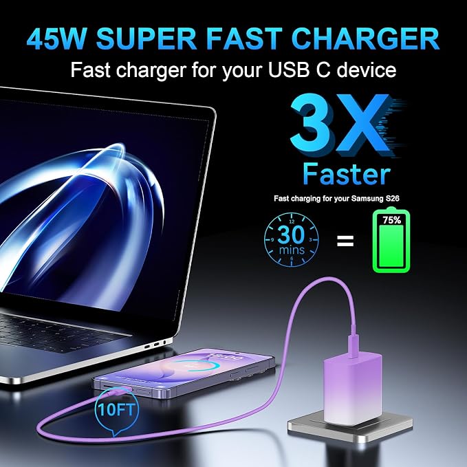 45W USB C Super Fast Charger Type C Charger Fast Charging Android Phone Charger Block with 10FT Type C Charging Cable for Samsung Galaxy S26 Ultra/S26/S26+/S25/S25 Ultra/S25+/S24 Ultra/S23 Ultra/S22 - Image 6
