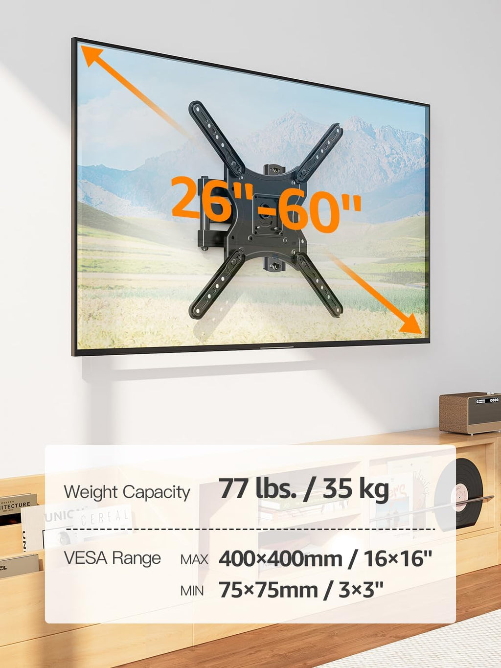 ELIVED Full Motion TV Wall Mount for 26-60" TVs, Max VESA 400x400, 77 lbs. - Image 6