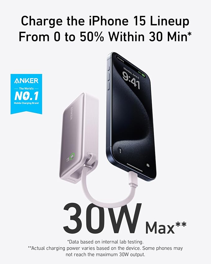 Anker Nano Power Bank,10,000mAh 30W Portable Charger,Built-in USB-C Cable | 30W Recharging and Output, USB-C and USB-A Ports, for iPhone 17 / 16 / 15 Series, MacBook, Galaxy, AirPods, and More - Image 2