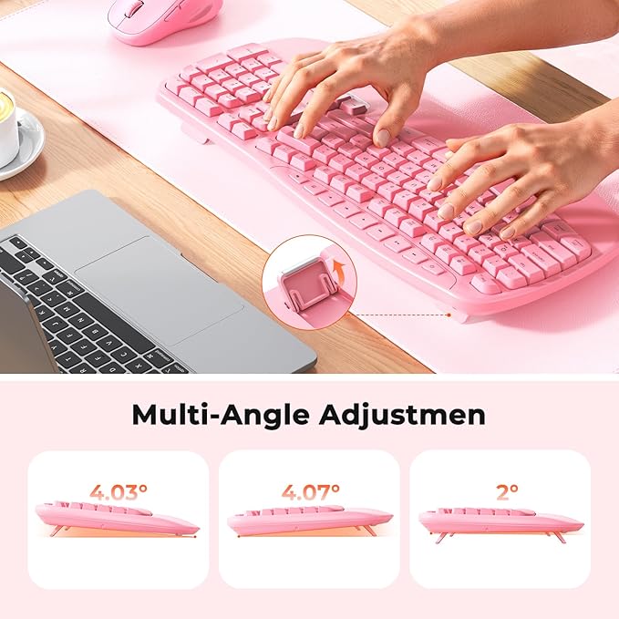 MEETION Ergonomic Wireless Keyboard and Mouse Combo with Wave Keys, Pink | Natural wave keys, hard wrist rest, 2.4G USB receiver, full-size layout, 4 DPI optical mouse, for Windows, Mac, desktop PC - Image 4