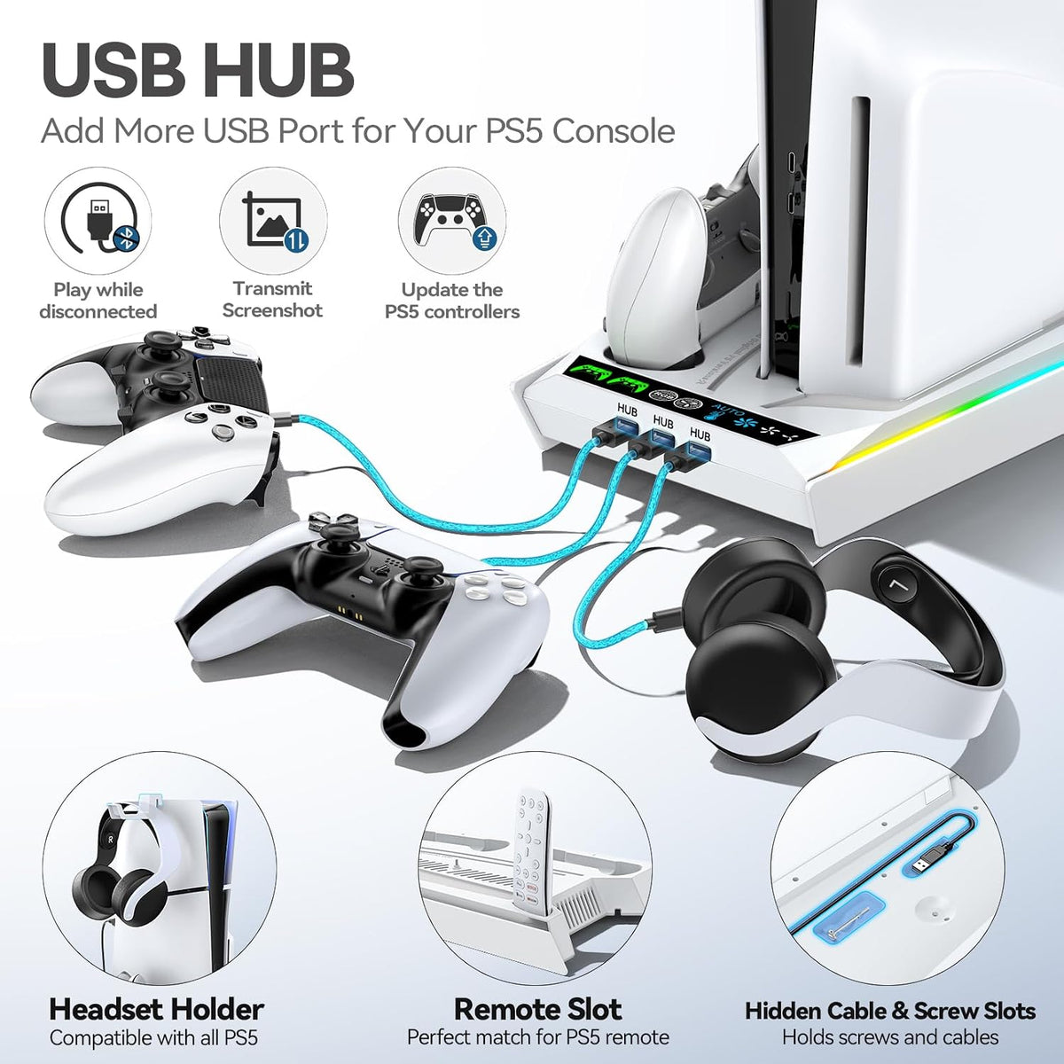 Rysker PS-5/Slim/Pro Cooling Station with Quiet Cooling Fan and Fast Controller Charger for Disc & Digital Console, PS-5 Accessories Incl. 3 USB Ports, Screw and Headset - Image 5